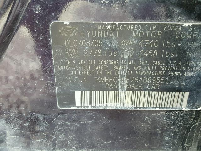 KMHFC46F76A059551 - 2006 HYUNDAI AZERA SE PURPLE photo 10