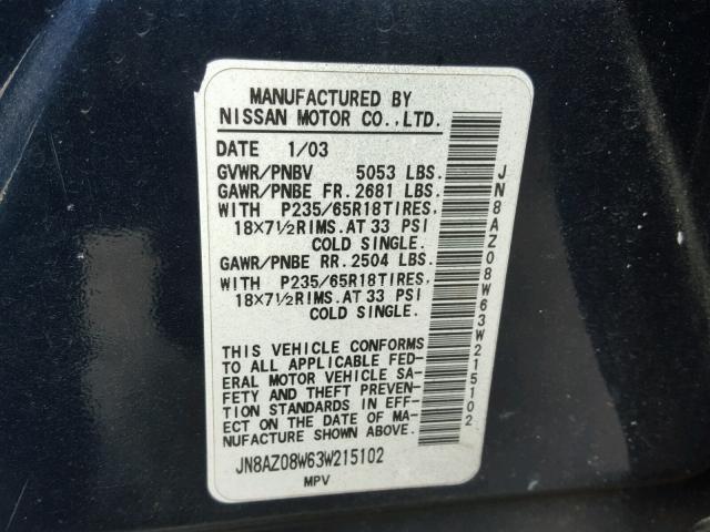 JN8AZ08W63W215102 - 2003 NISSAN MURANO SL BLUE photo 10