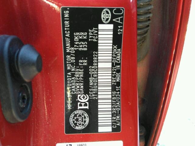 2T1BU40E89C089822 - 2009 TOYOTA COROLLA BA RED photo 10