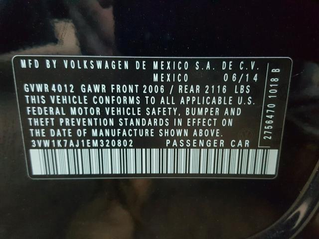 3VW1K7AJ1EM320802 - 2014 VOLKSWAGEN JETTA BASE შავი ფოტო 10