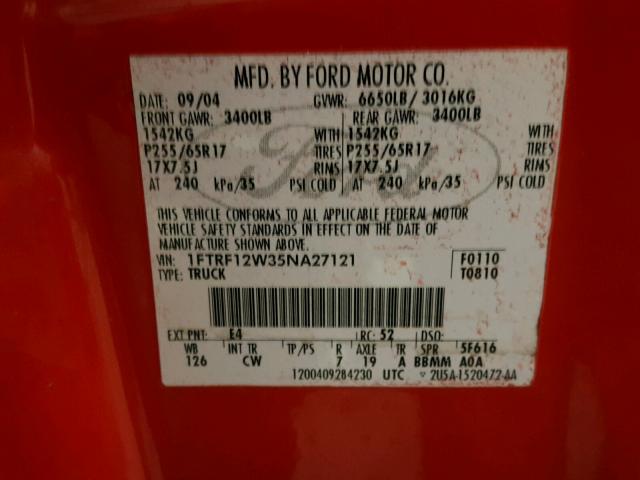 1FTRF12W35NA27121 - 2005 FORD F150 RED photo 10