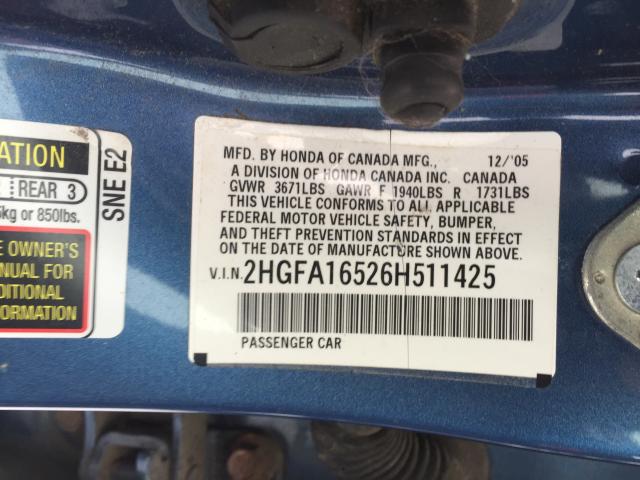 2HGFA16526H511425 - 2006 HONDA CIVIC LX BLUE photo 10