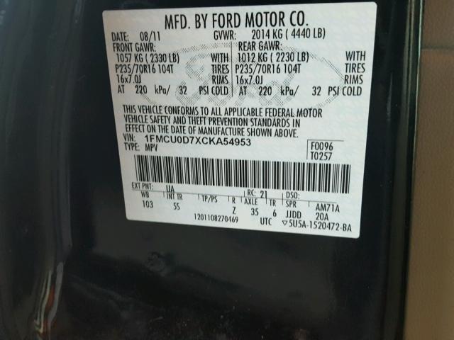 1FMCU0D7XCKA54953 - 2012 FORD ESCAPE XLT BLACK photo 10