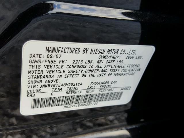 JNKBV61E48M202124 - 2008 INFINITI G35 BLACK photo 10