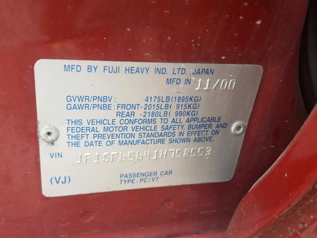 JF1SF65641H758553 - 2001 SUBARU FORESTER S 红色 照片 10