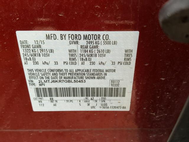 2LMTJ6KR7GBL50453 - 2016 LINCOLN MKX SELECT RED photo 10