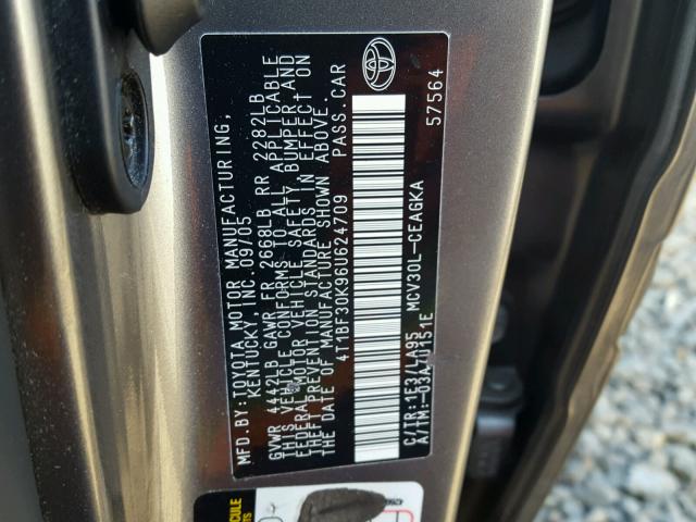 4T1BF30K96U624709 - 2006 TOYOTA CAMRY LE გრაფიტი ფოტო 10