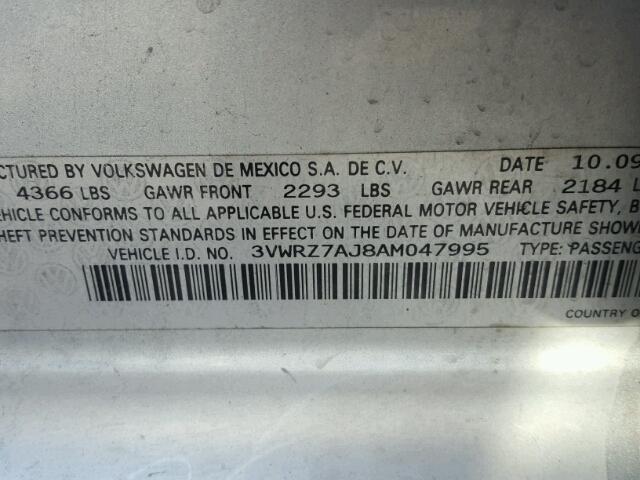 3VWRZ7AJ8AM047995 - 2010 VOLKSWAGEN JETTA SE SILVER photo 10