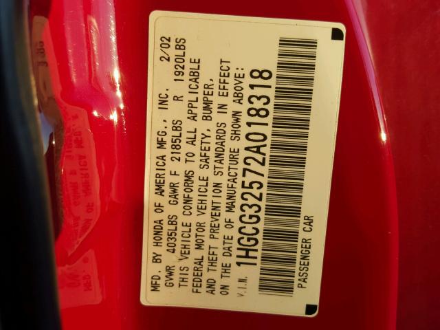 1HGCG32572A018318 - 2002 HONDA ACCORD EX RED photo 10