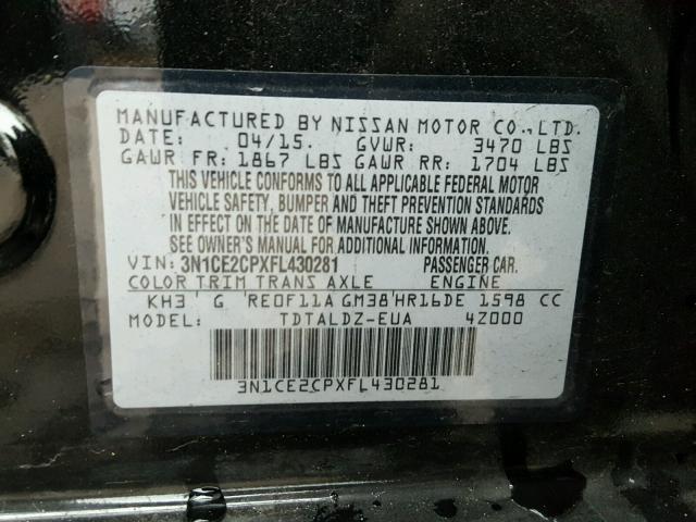 3N1CE2CPXFL430281 - 2015 NISSAN VERSA NOTE BLACK photo 10