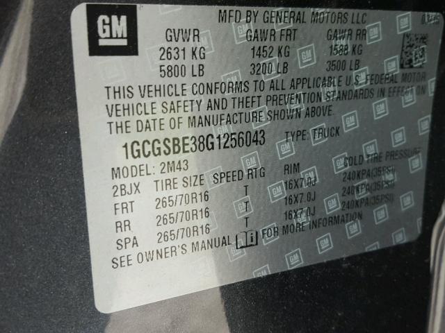 1GCGSBE38G1256043 - 2016 CHEVROLET COLORADO GRAY photo 10