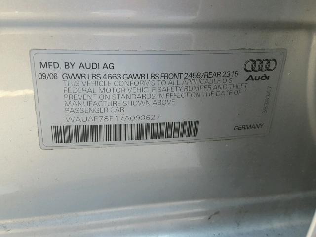 WAUAF78E17A090627 - 2007 AUDI A4 2 SILVER photo 10