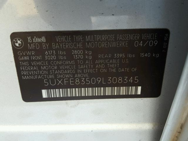 5UXFE83509L308345 - 2009 BMW X5 XDRIVE4 SILVER photo 10