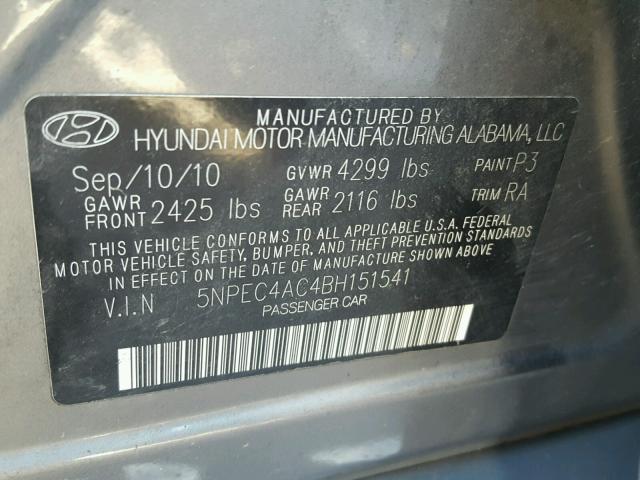 5NPEC4AC4BH151541 - 2011 HYUNDAI SONATA SE GRAY photo 10