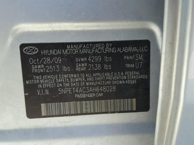 5NPET4AC3AH648028 - 2010 HYUNDAI SONATA GLS SILVER photo 10