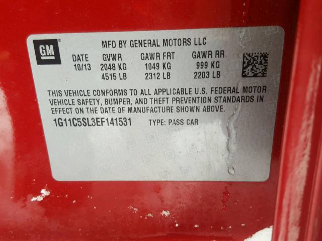 1G11C5SL3EF141531 - 2014 CHEVROLET MALIBU 1LT Կարմիր լուսանկար 10