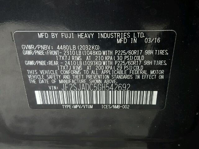 JF2SJADC5GH542692 - 2016 SUBARU FORESTER 2 BLACK photo 10