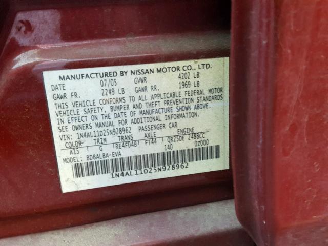 1N4AL11D25N928962 - 2005 NISSAN ALTIMA S RED photo 10