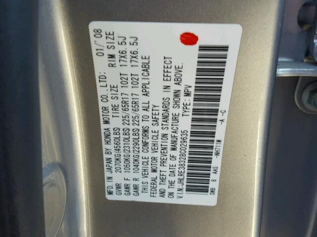 JHLRE38328C029635 - 2008 HONDA CR-V LX SILVER photo 10