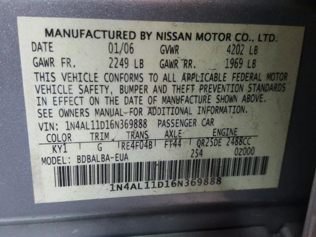 1N4AL11D16N369888 - 2006 NISSAN ALTIMA S SILVER photo 10