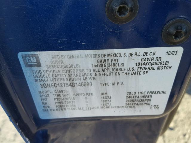 3GNEC12T54G146588 - 2004 CHEVROLET AVALANCHE BLUE photo 10