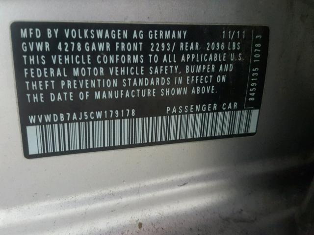 WVWDB7AJ5CW179178 - 2012 VOLKSWAGEN GOLF 银色 照片 10
