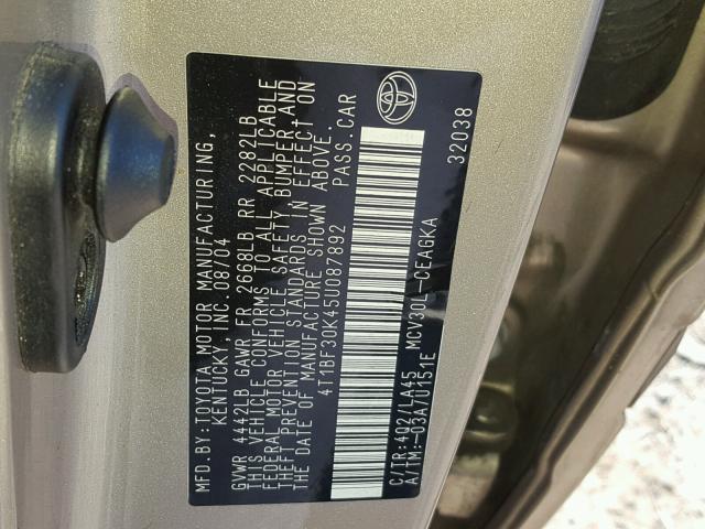 4T1BF30K45U087892 - 2005 TOYOTA CAMRY LE ოქროსფერი ფოტო 10