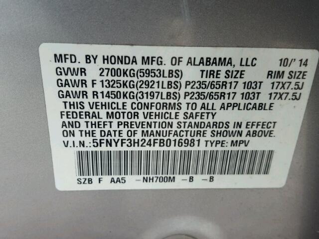 5FNYF3H24FB016981 - 2015 HONDA PILOT LX SILVER photo 10