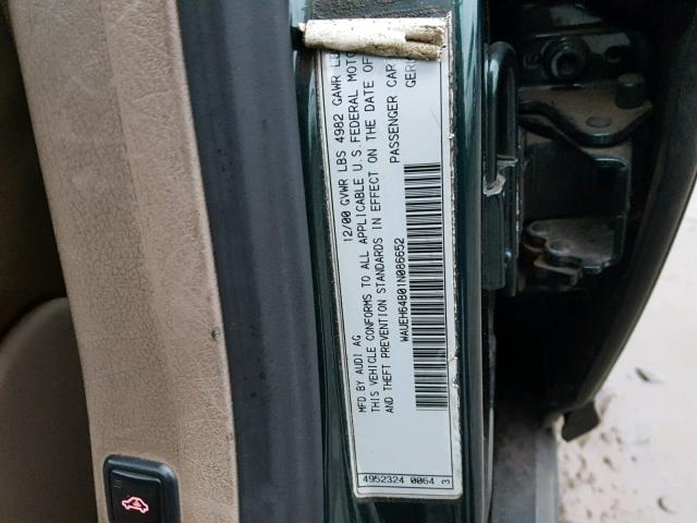 WAUEH64B01N086652 - 2001 AUDI A6 2.8 QUA GREEN photo 10