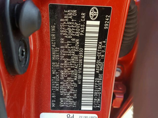 4T1BF1FK1CU619933 - 2012 TOYOTA CAMRY BASE RED photo 10