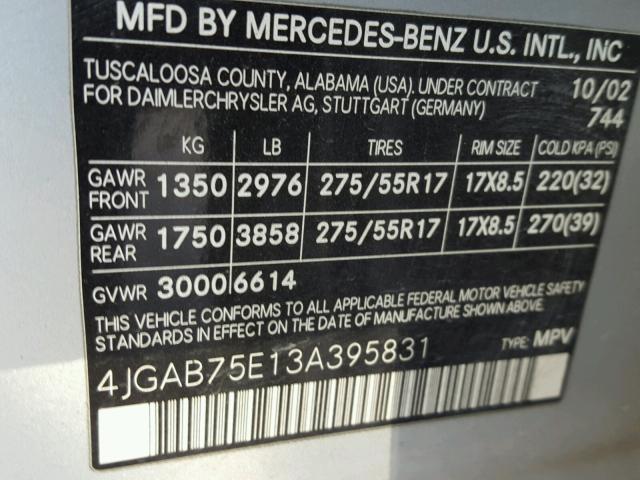 4JGAB75E13A395831 - 2003 MERCEDES-BENZ ML 500 SILVER photo 10