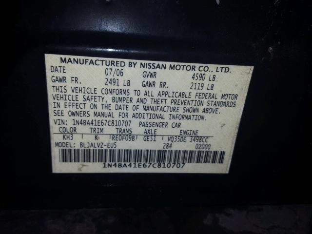 1N4BA41E67C810707 - 2007 NISSAN MAXIMA SE BLACK photo 10