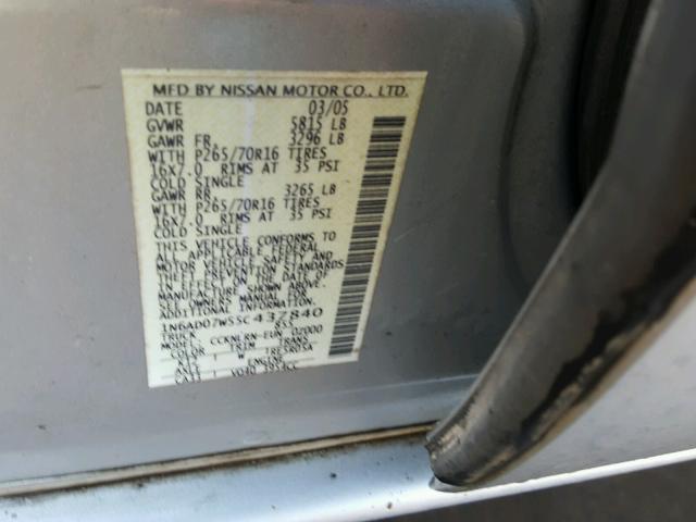 1N6AD07W55C437840 - 2005 NISSAN FRONTIER C SILVER photo 10