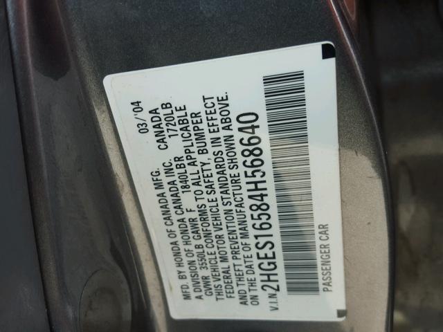 2HGES16584H568640 - 2004 HONDA CIVIC LX GRAY photo 10