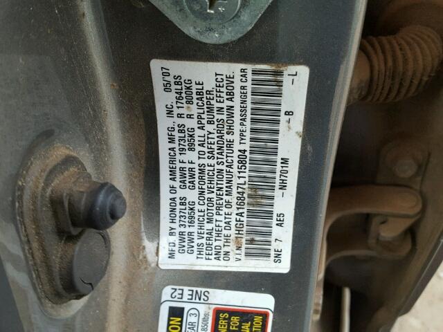 1HGFA16847L115804 - 2007 HONDA CIVIC EX 灰色 照片 10
