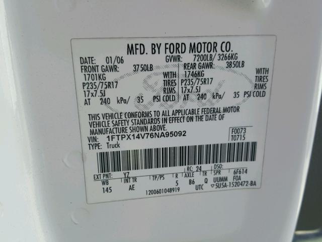 1FTPX14V76NA95092 - 2006 FORD F150 WHITE photo 10