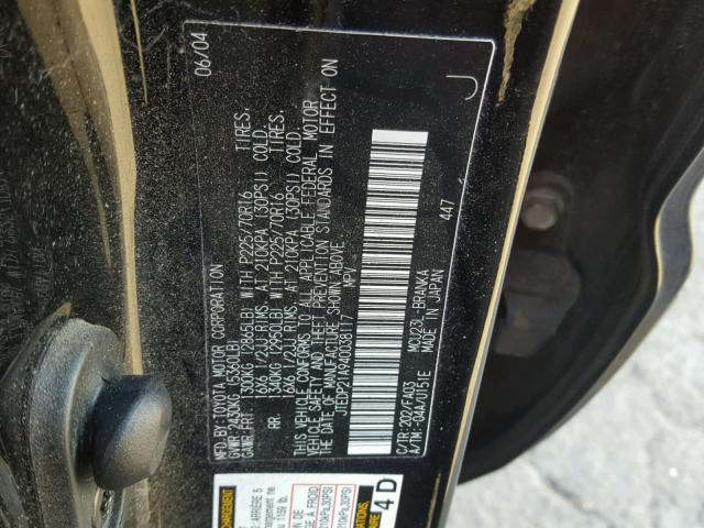 JTEDP21A940038117 - 2004 TOYOTA HIGHLANDER BLACK photo 10