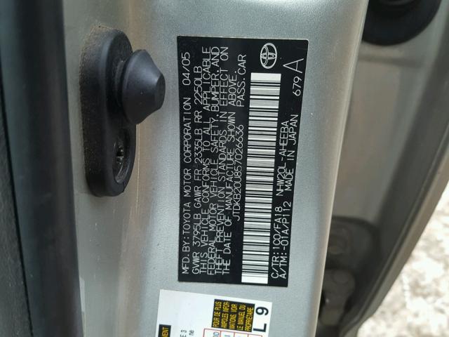 JTDKB20U857026636 - 2005 TOYOTA PRIUS SILVER photo 10