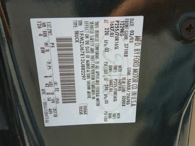 1FMZU67E13UB82297 - 2003 FORD EXPLORER S GREEN photo 10