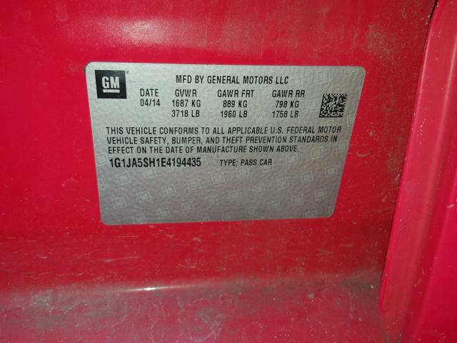 1G1JA5SH1E4194435 - 2014 CHEVROLET SONIC LS RED photo 10