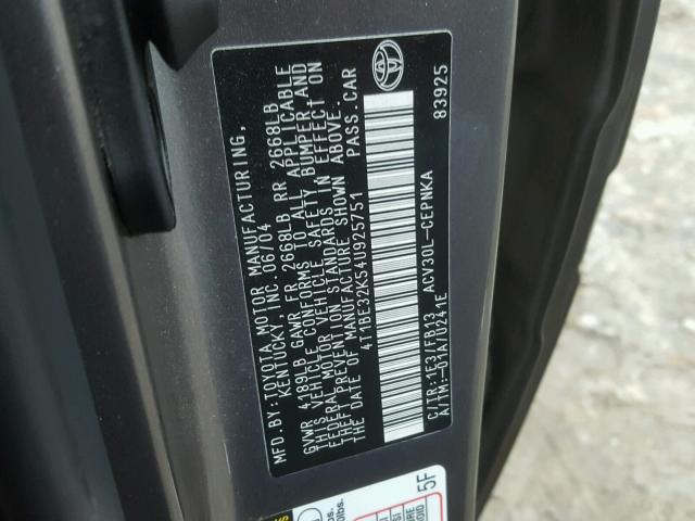 4T1BE32K54U925751 - 2004 TOYOTA CAMRY LE GRAY photo 10