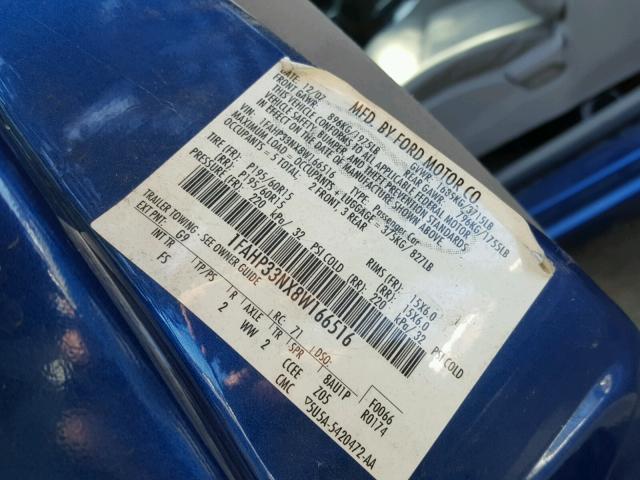 1FAHP33NX8W166516 - 2008 FORD FOCUS SE BLUE photo 10