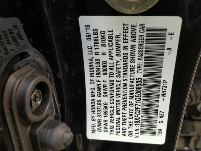 19XFC2F71GE068505 - 2016 HONDA CIVIC EX BLACK photo 10