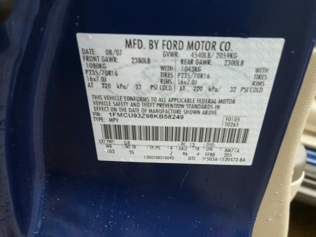 1FMCU93Z98KB58249 - 2008 FORD ESCAPE XLT BLUE photo 10