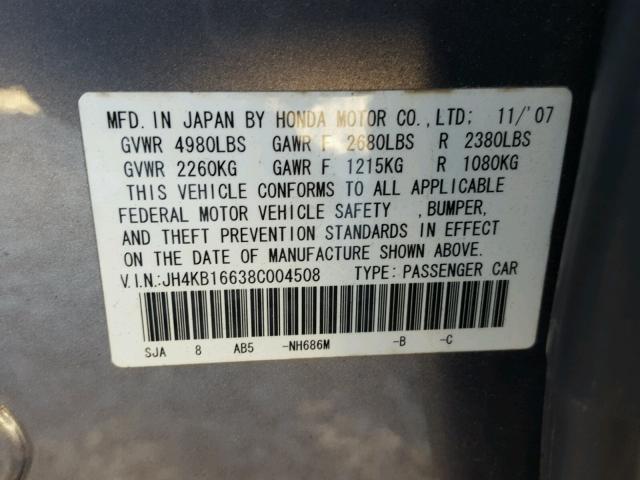 JH4KB16638C004508 - 2008 ACURA RL GRAY photo 10