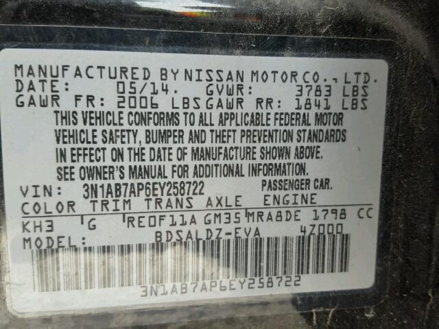 3N1AB7AP6EY258722 - 2014 NISSAN SENTRA S BLACK photo 10