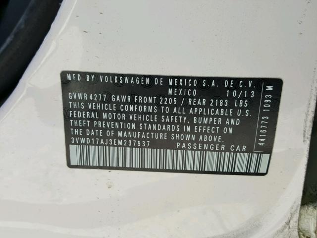 3VWD17AJ3EM237937 - 2014 VOLKSWAGEN JETTA SE أبيض صورة 10