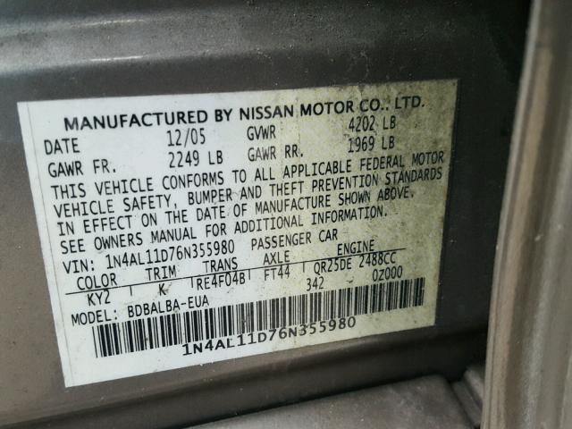 1N4AL11D76N355980 - 2006 NISSAN ALTIMA S TAN photo 10