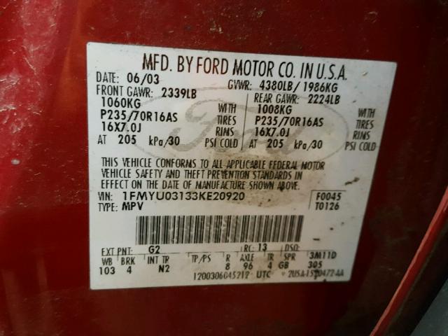 1FMYU03133KE20920 - 2003 FORD ESCAPE XLT MAROON photo 10