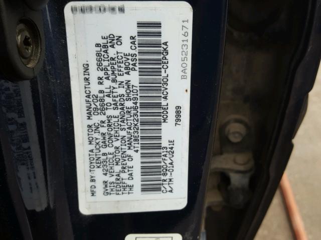 4T1BE32K23U649107 - 2003 TOYOTA CAMRY LE BLUE photo 10